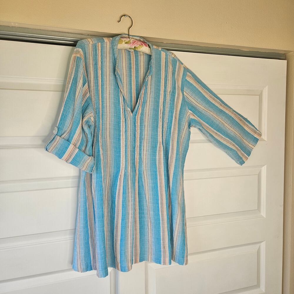 Soft Surroundings Large Turin Striped Gauze Tunic Blue Tan White Beach Boho L